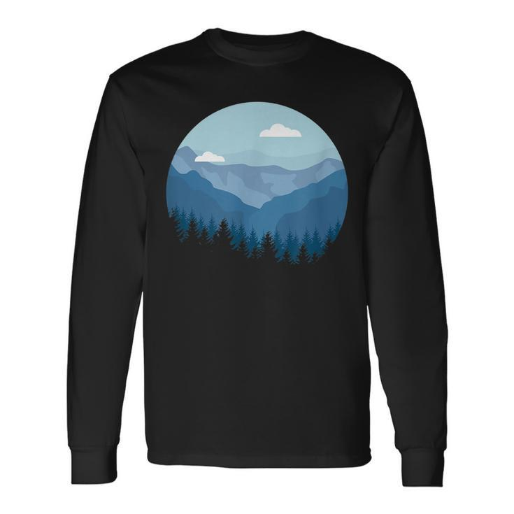 Blue Mountain And Forest Scene Silhouette Long Sleeve T-Shirt T-Shirt