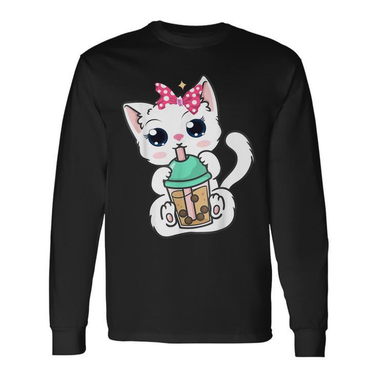 Boba Tea Cat Bubble Tea Cat Milk Tea Kawaii Anime Cat Long Sleeve T-Shirt