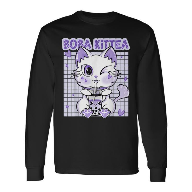 Boba Tea Women Lavender Kittea Kawaii Cat Japanese Long Sleeve T-Shirt