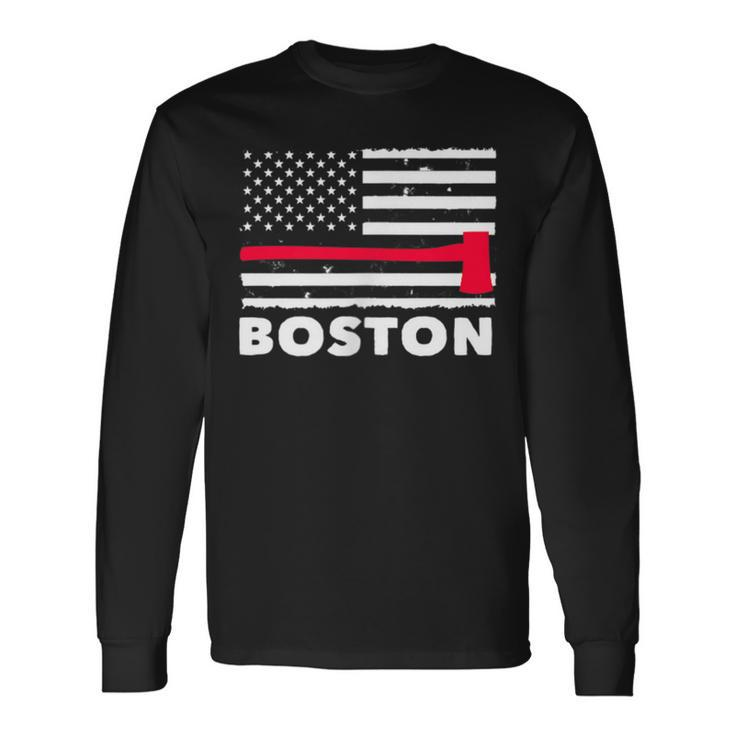 Boston Us Flag Pocket Firefighter Thin Red Line Fireman Long Sleeve T-Shirt