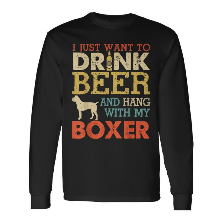 Boxer Dad Drink Beer Hang With Dog Men Vintage Long Sleeve T-Shirt