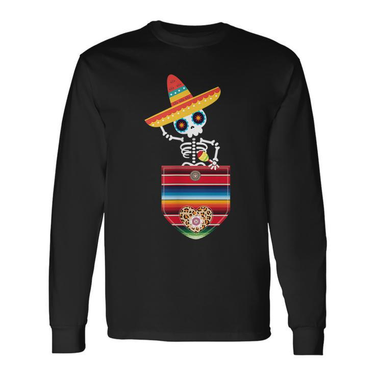 Calaca Blanket Pocket Serape Mexican Cinco De Mayo Long Sleeve T-Shirt T-Shirt