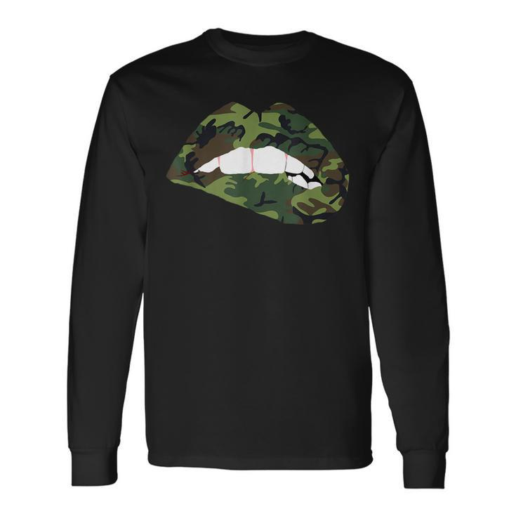 Camouflage Lips Mouth Military Kiss Me Biting Camo Kissing Long Sleeve T-Shirt