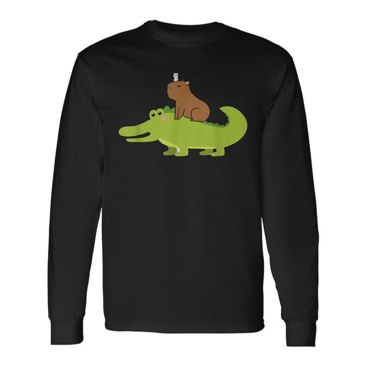 Capybara Riding Alligator Pet Dad Mom Boy Girl Outfit Long Sleeve T-Shirt T-Shirt