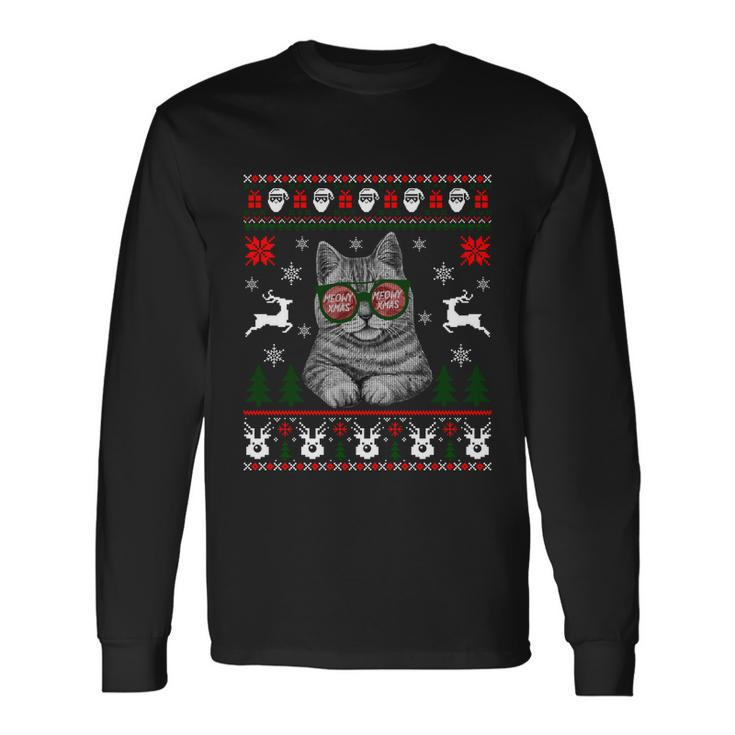 Cat With Sunglasses Meowy Ugly Christmas Sweater Long Sleeve T-Shirt