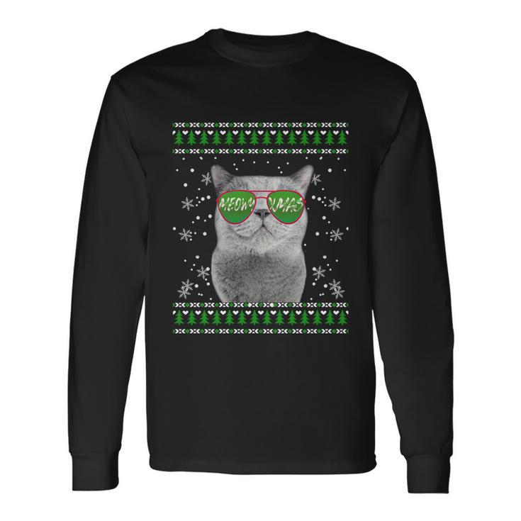 Cat With Sunglasses Meowy Ugly Christmas Sweater Long Sleeve T-Shirt