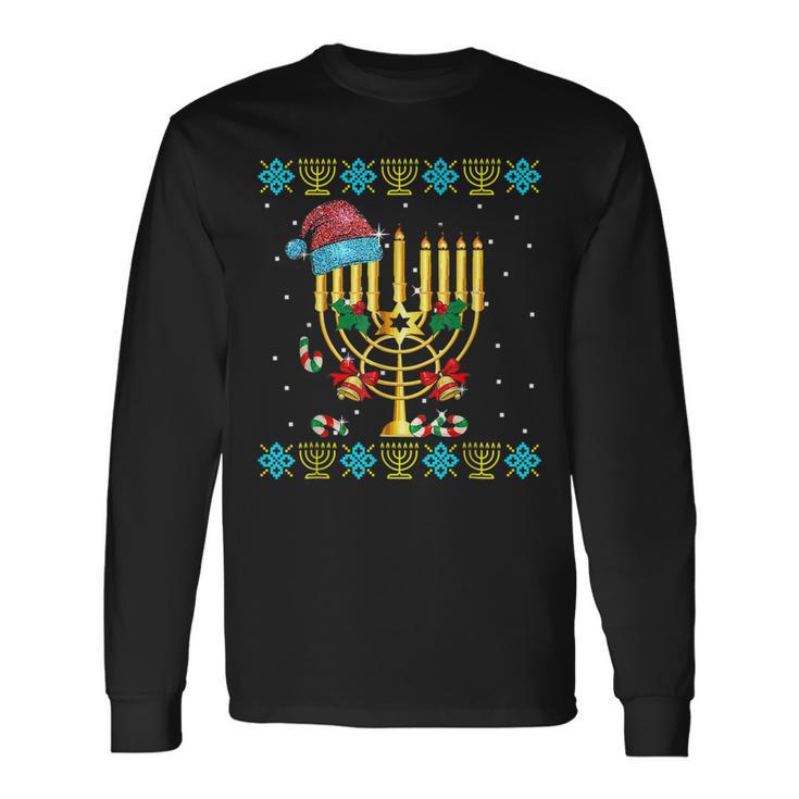 Chrismukkah Ugly Hanukkah Santa Hat Family Christmas Pajama Men Women Long Sleeve T shirt Graphic Print Unisex Seseable UK