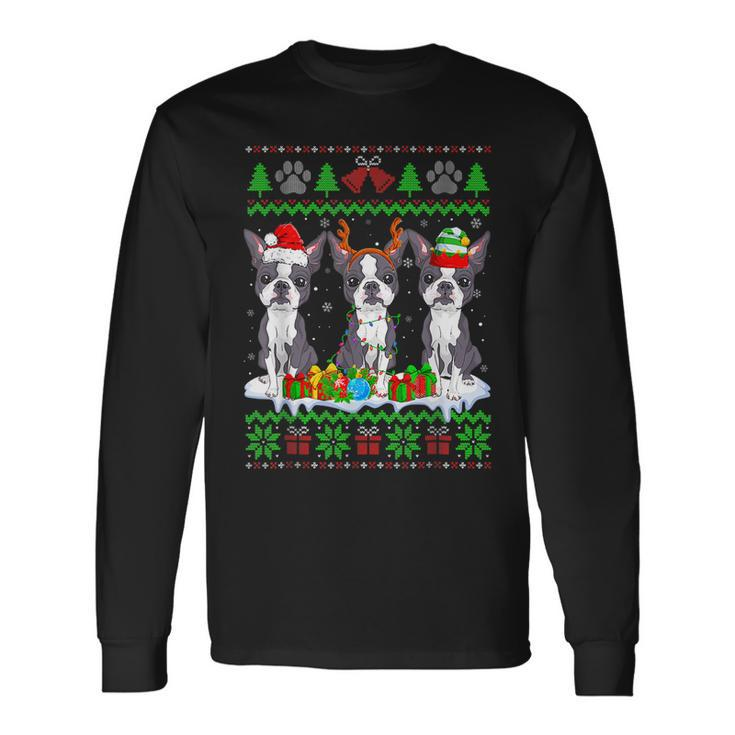 Christmas Boston Terrier Dog Puppy Lover Ugly Xmas Sweater Men Women Long Sleeve T-shirt Graphic Print Unisex Gifts ideas