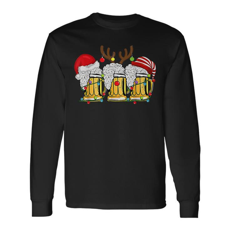 Christmas Three Glass Of Beer Lights Santa Hat Elf Antlers  V2 Men Women Long Sleeve T-shirt Graphic Print Unisex