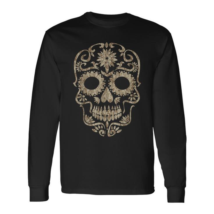Cool Desert Camo Dia De Los Muertos Sugar Skull Camouflage Long Sleeve T-Shirt