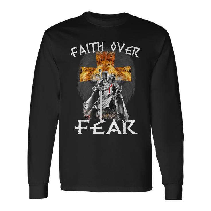 Cool Faith Over Fear Men Lion Christian Prayer Warrior V2 Long Sleeve T-Shirt