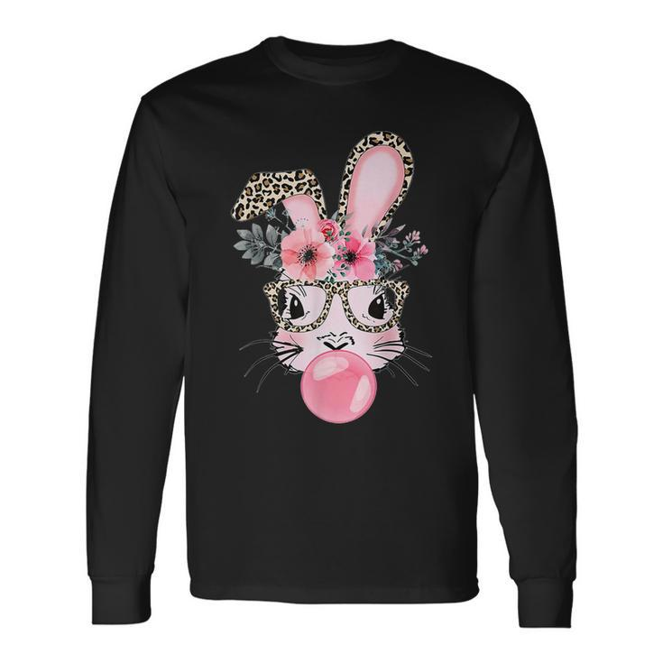 Cute Bunny With Leopard Glasses Happy Easter Day Long Sleeve T-Shirt