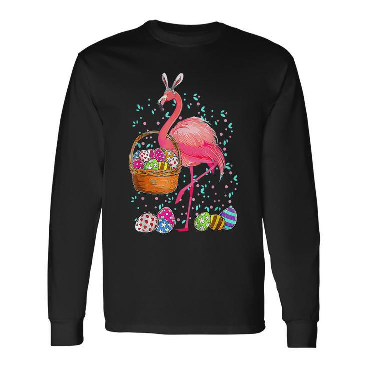 Cute Flamingo Bunny Eggs Happy Easter Egg Basket Hunting Long Sleeve T-Shirt T-Shirt