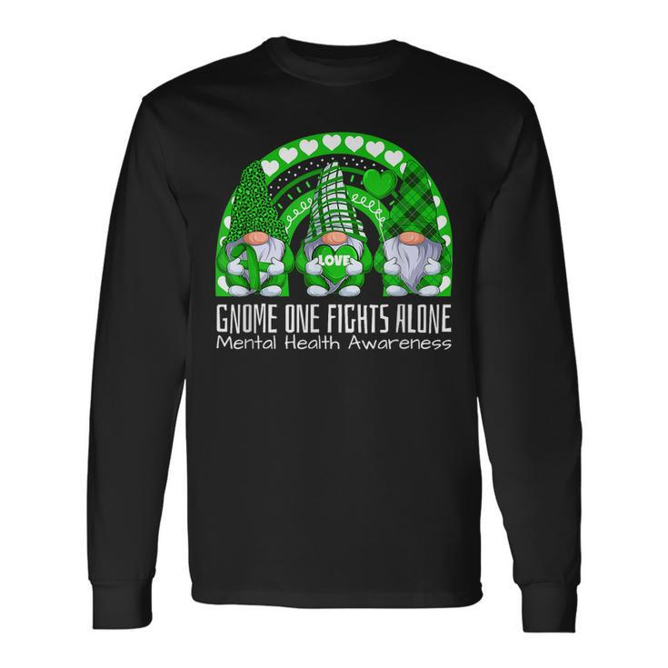 Cute Gnome One Fights Alone Green Ribbon Mental Health Long Sleeve T-Shirt