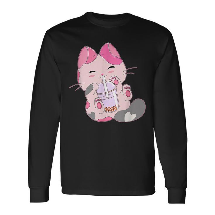 Cute Kawaii Cat Boba Bubble Milk Tea Anime Neko Kitten Long Sleeve T ...
