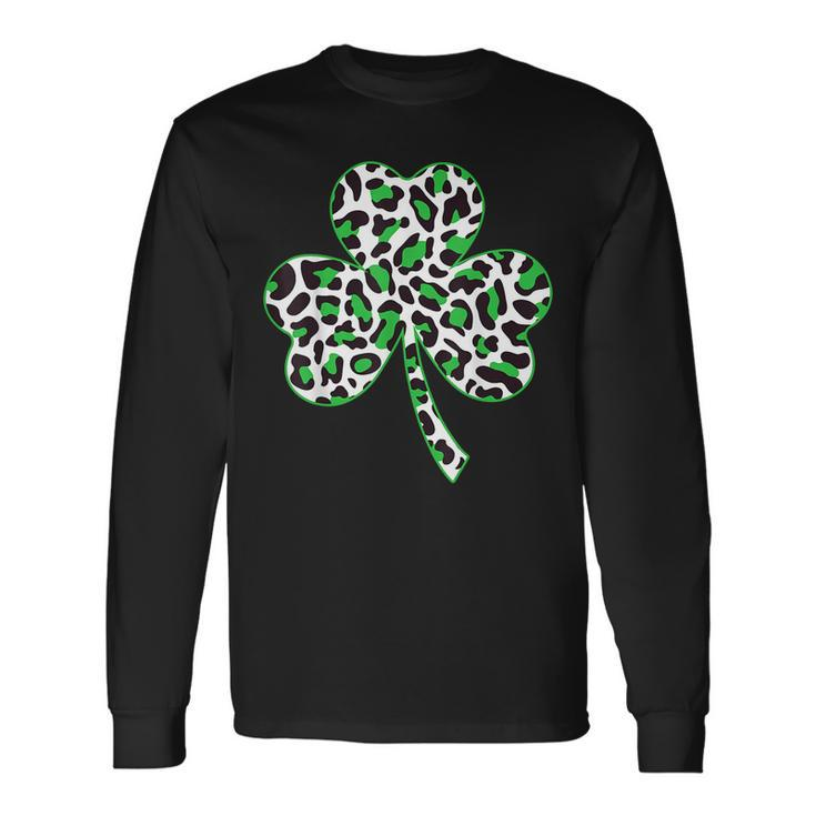Cute Shamrock Leopard Print St Patricks Day Irish Pattern Long Sleeve T-Shirt
