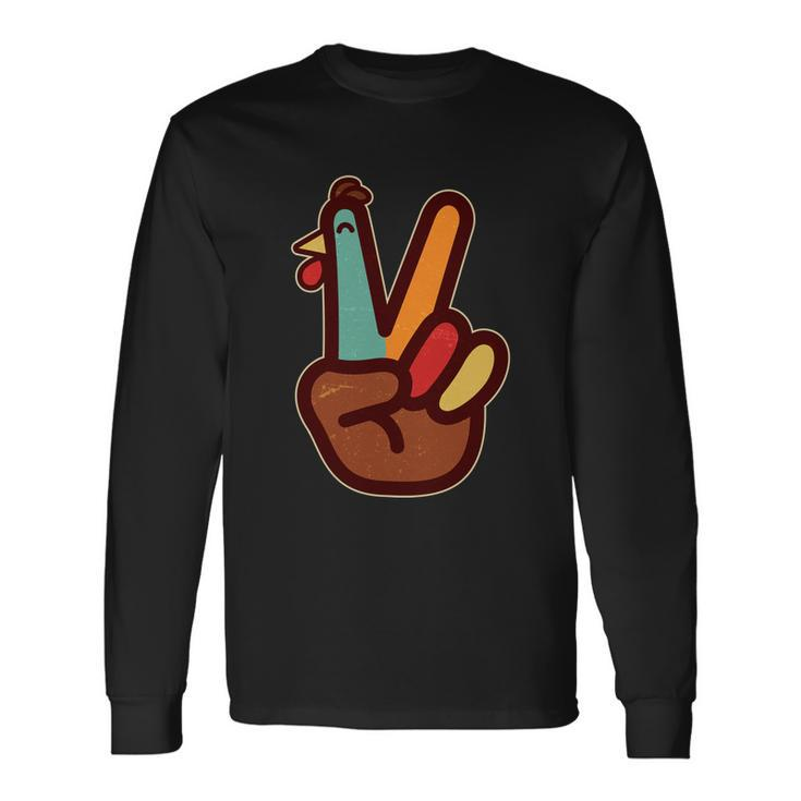 Cute Thanksgiving Hand Turkey Peace Sign Long Sleeve T-Shirt