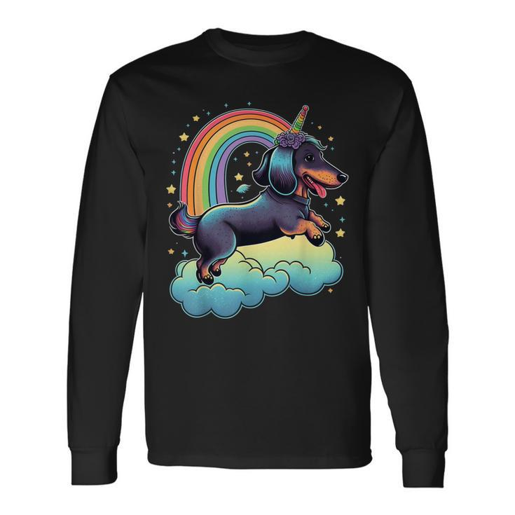 Dachshund Unicorn On Rainbow Unicorn Dachshund Long Sleeve T-Shirt