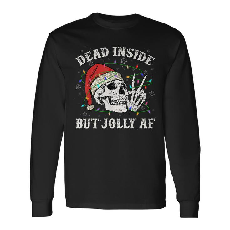 Dead Inside But Jolly Af Skull Santa Light Skeleton Pajamas  Men Women Long Sleeve T-shirt Graphic Print Unisex