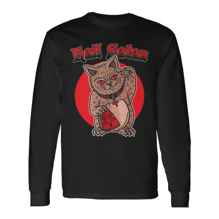 Death Metal Asian Lucky Cat Hail Satan Kitten Rock Music Long Sleeve T-Shirt