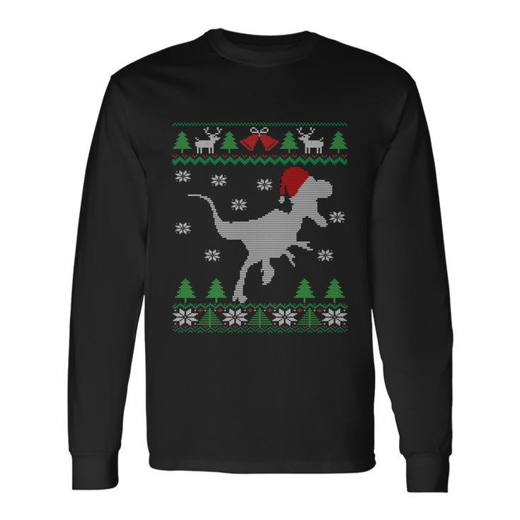 Dinosaur Santa Claus Raptor Velociraptor Ugly Christmas Long Sleeve T-Shirt