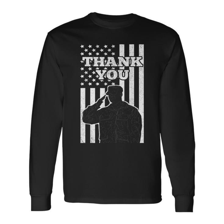 Distressed Us Veterans Day Thank You Soldier Salute Us Flag Long Sleeve T-Shirt