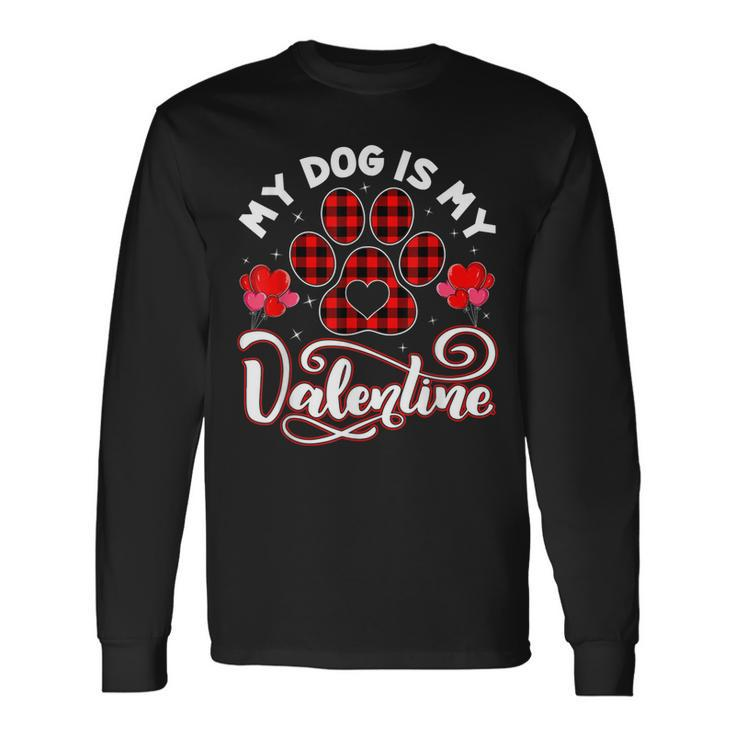 Dog Lover My Dog Is My Valentine Cute Paw Print Red Plaid Long Sleeve T-Shirt