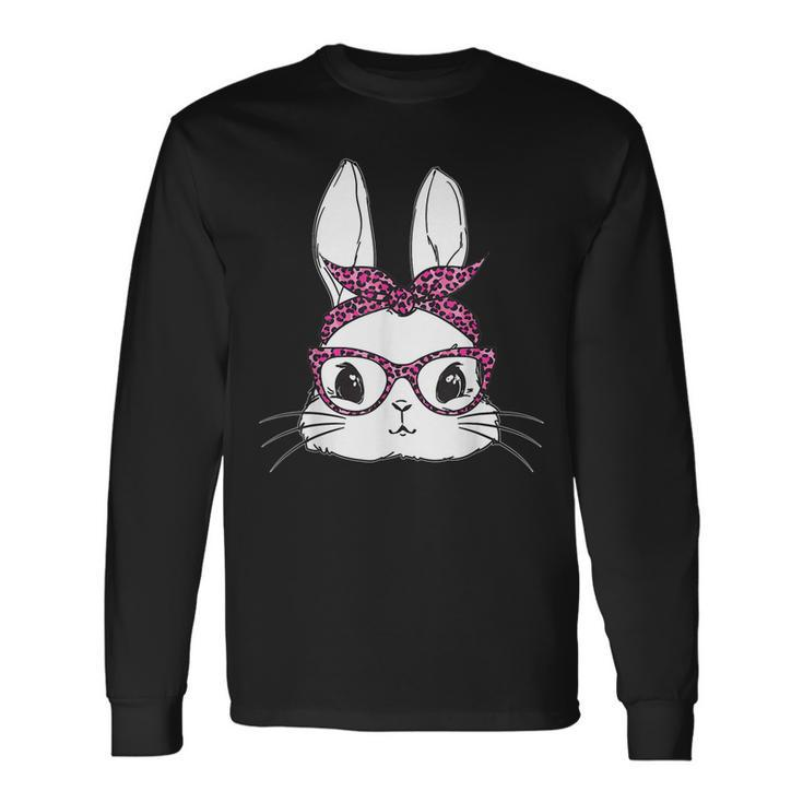 Easter Day Cute Bunny Rabbit Face With Leopard Pink Glasses Long Sleeve T-Shirt