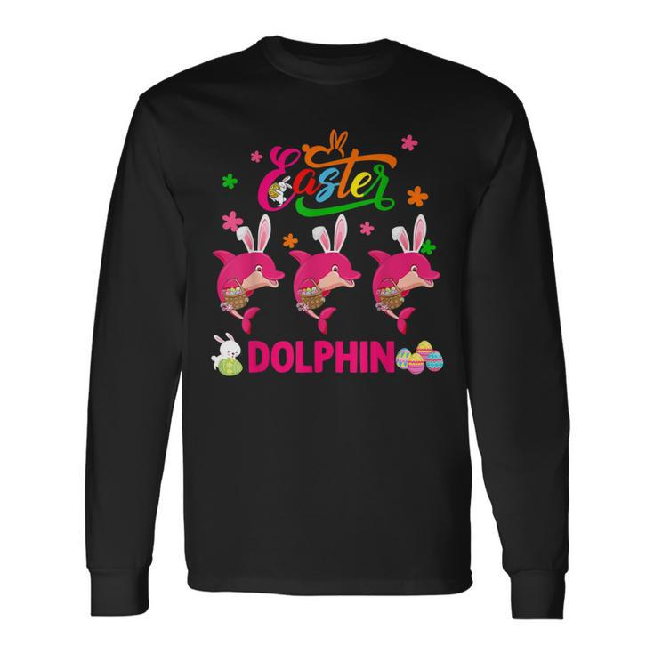 Easter Dolphin Three Cute Bunny Dolphins Hunting Eggs Basket Long Sleeve T-Shirt T-Shirt