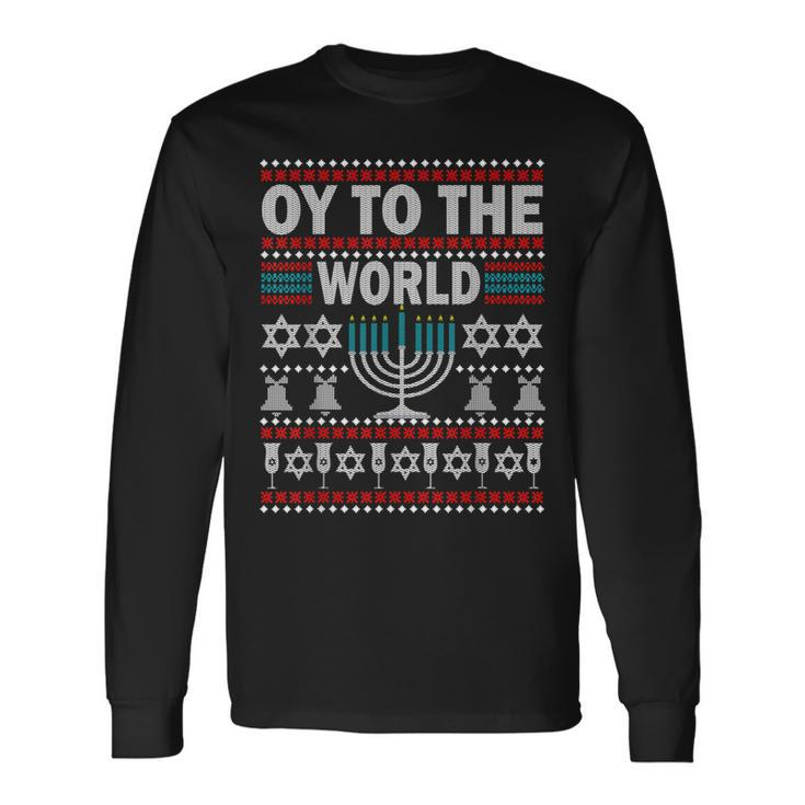 Funny Hanukkah Christmas Ugly Sweater Oy To The World Gifts  Men Women Long Sleeve T-shirt Graphic Print Unisex