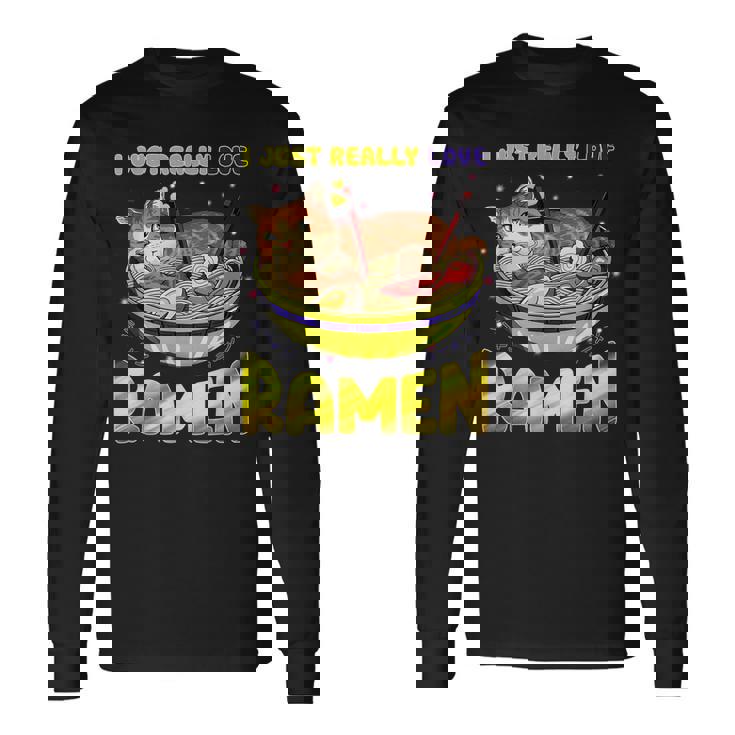 Funny Kawaii Anime Cats Love Ramen Japanese Noodles  Men Women Long Sleeve T-shirt Graphic Print Unisex