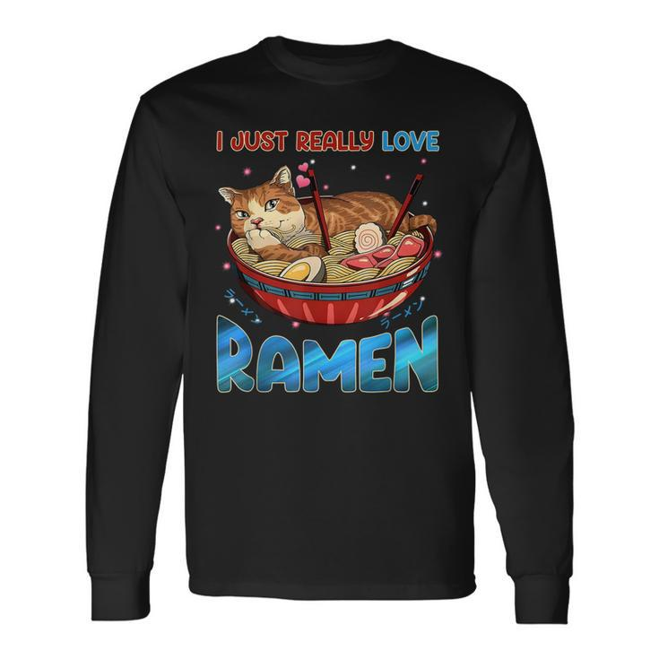 Funny Kawaii Anime Cats Love Ramen Japanese Noodles V2 Men Women Long Sleeve T-shirt Graphic Print Unisex Gifts ideas