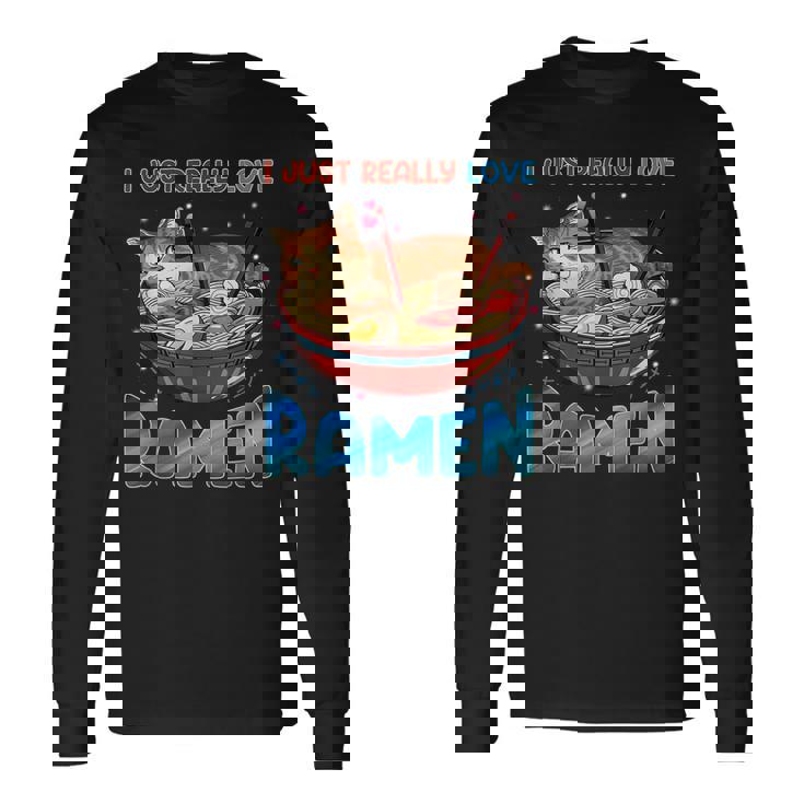 Funny Kawaii Anime Cats Love Ramen Japanese Noodles  V2 Men Women Long Sleeve T-shirt Graphic Print Unisex