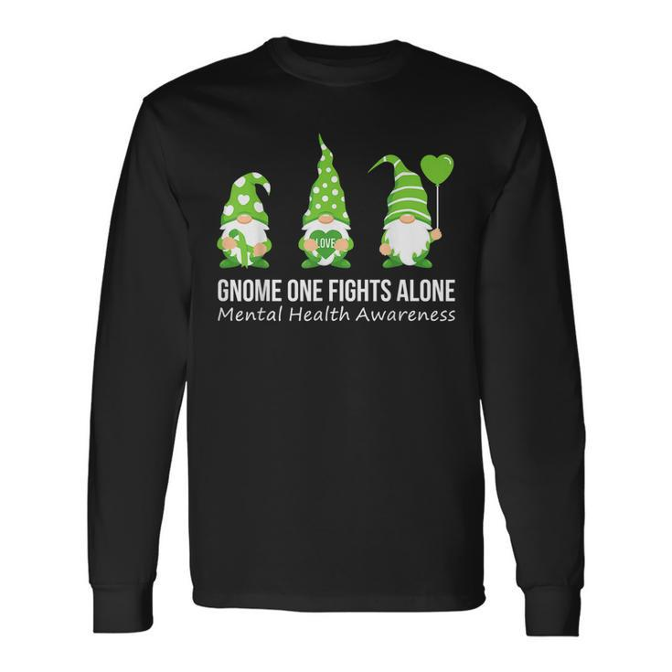 Gnome One Fights Alone Mental Health Awareness Green Ribbon Long Sleeve T-Shirt T-Shirt