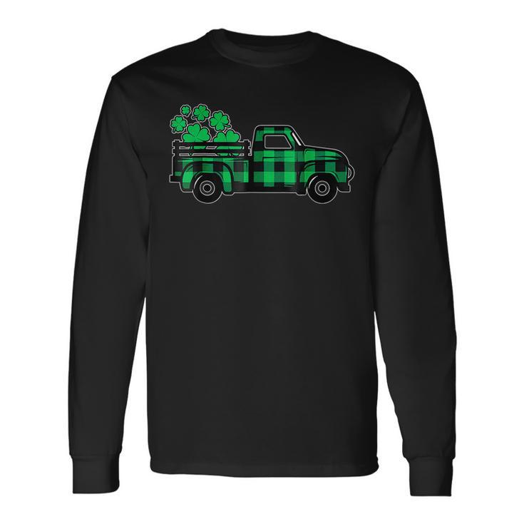Green Buffalo Plaid Shamrock Pickup Truck St Patricks Day Long Sleeve T-Shirt