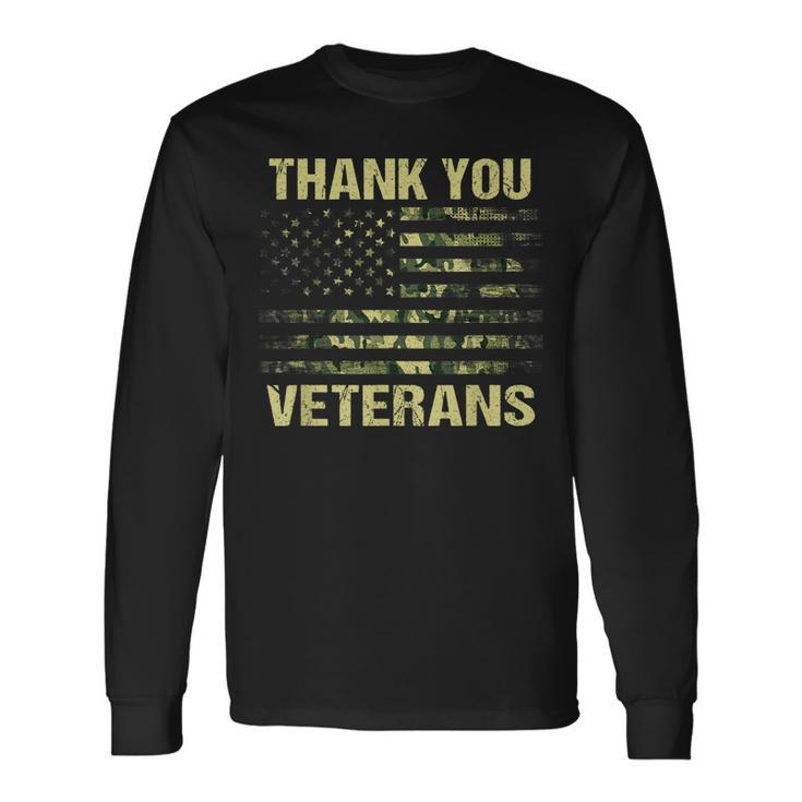 Green Camouflage American Flag Thank You Veterans Camo Long Sleeve T-Shirt
