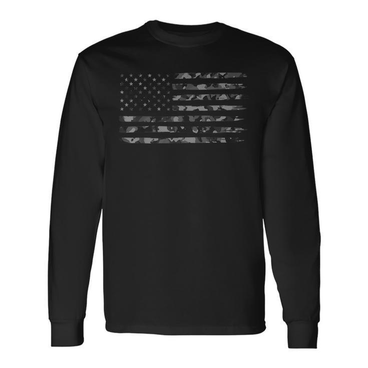 Grey Vintage Camo American Flag Long Sleeve T-Shirt