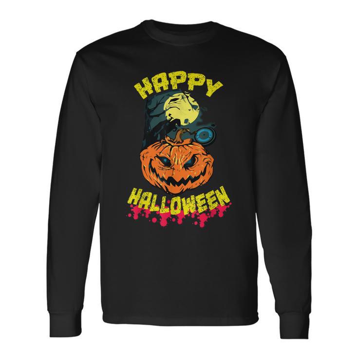 Halloween Grinsender Kürbis Horror Lustiges Spaß Langarmshirts Geschenkideen