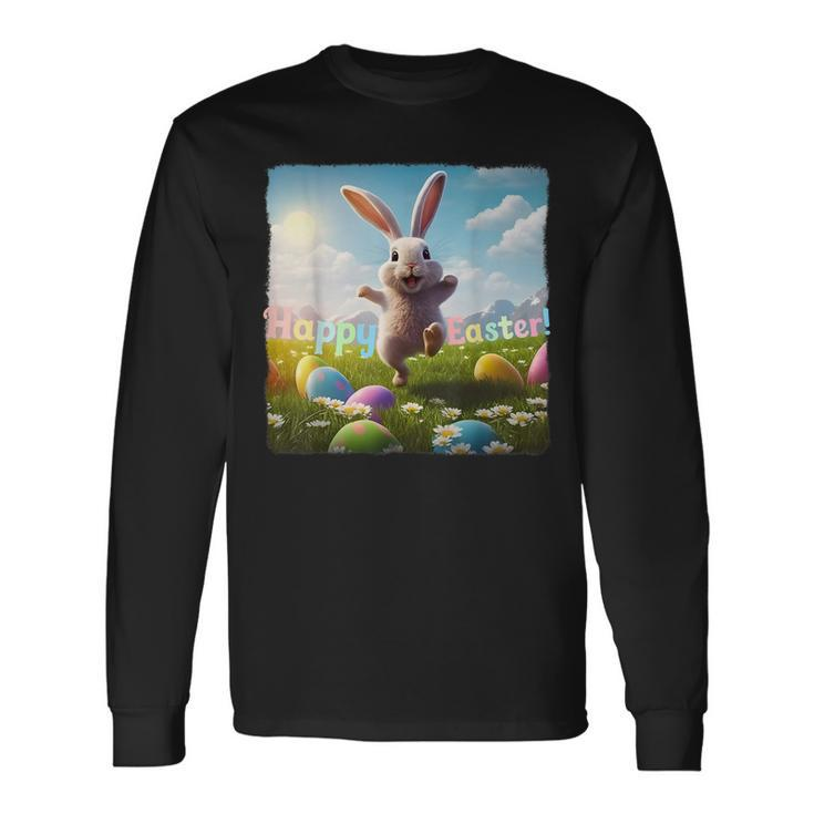 Happy Easter Bunny Hopping Over Colored Eggs Long Sleeve T-Shirt