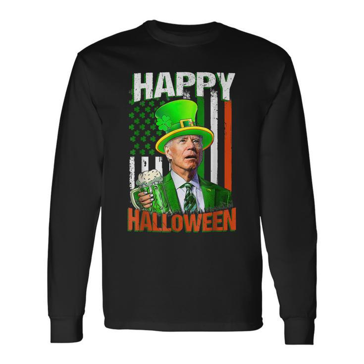 Happy Halloween Leprechaun Biden Irish St Patrick Day Long Sleeve T-Shirt