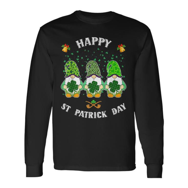 Happy St Patricks Day Three Gnomes Holding Shamrock Long Sleeve T-Shirt