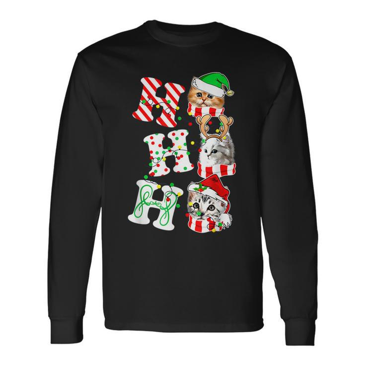 Ho Ho Ho Cats Santa Hat Lights Antlers Christmas Gifts  Men Women Long Sleeve T-shirt Graphic Print Unisex
