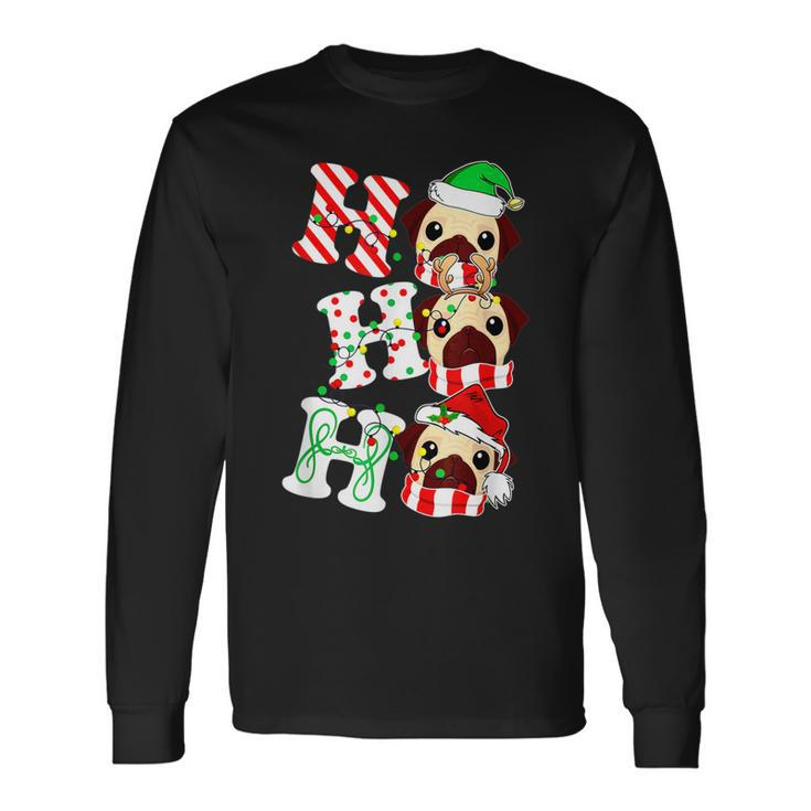 Ho Ho Ho Pug Dog Santa Hat Lights Antlers Christmas Gifts  Men Women Long Sleeve T-shirt Graphic Print Unisex