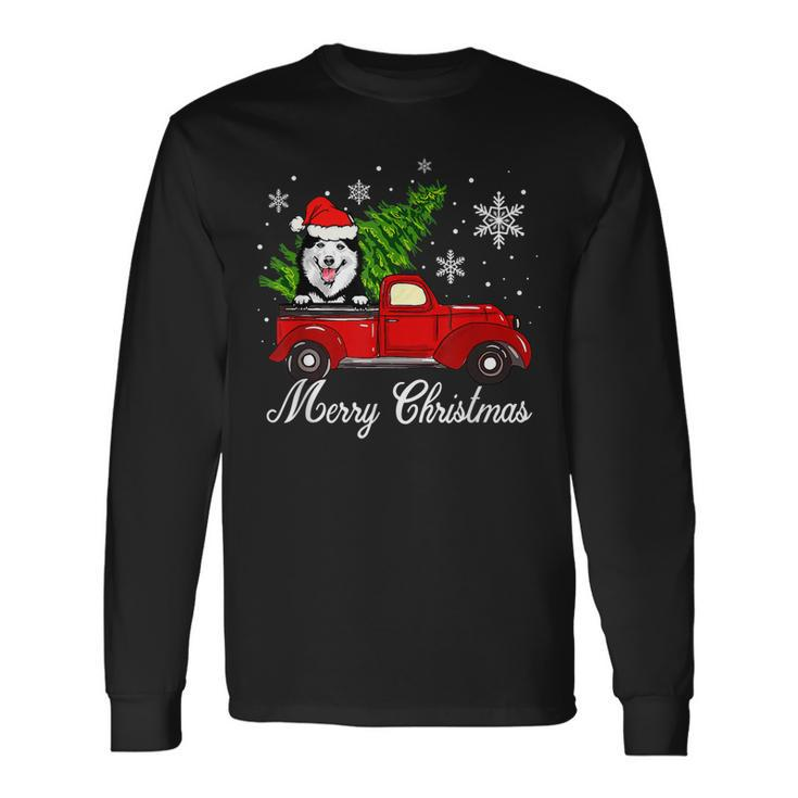 Husky Dog Riding Red Truck Christmas Decorations Pajama  Men Women Long Sleeve T-shirt Graphic Print Unisex
