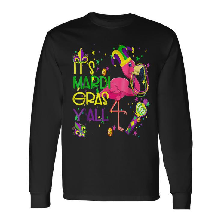 Its Mardi Gras Yall Flamingo Jester Hat Mardi Beads Long Sleeve T-Shirt