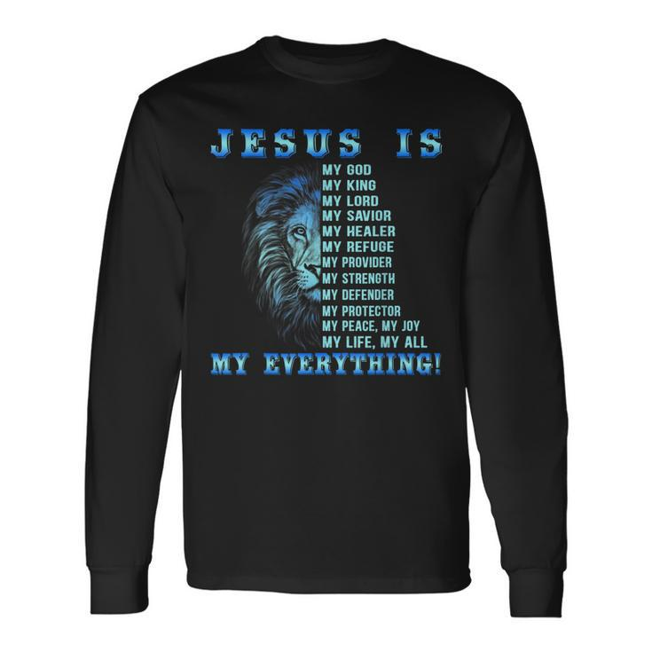 Jesus Is My God King My Lord My Savior Blues Lion Christian Long Sleeve T-Shirt