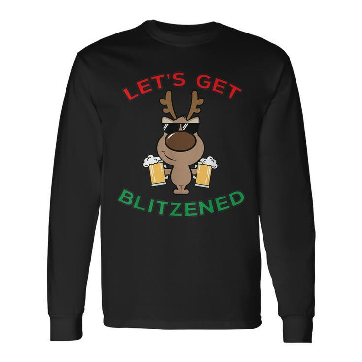 Lets Get Blitzened Funny Beer Reindeer Bar Party Men Women Long Sleeve T-shirt Graphic Print Unisex Gifts ideas