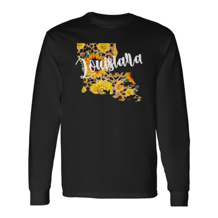 Louisiana Sunflower Leopard Print Wildflower State Map Men Women Long Sleeve T-Shirt T-shirt Graphic Print