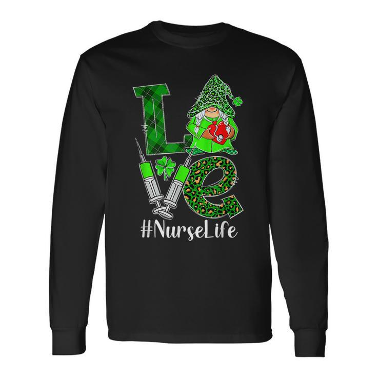 Love Gnome Nurse Life Er Rn St Patricks Day Leopard Shamrock Long Sleeve T-Shirt