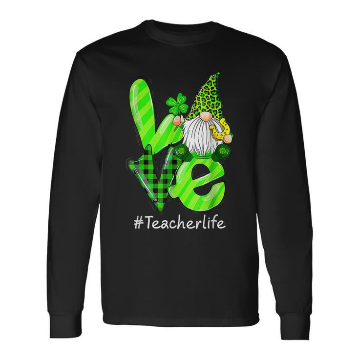 Love Teacher Life Gnome Leopard Shamrock St Patricks Day V2 Long Sleeve T-Shirt